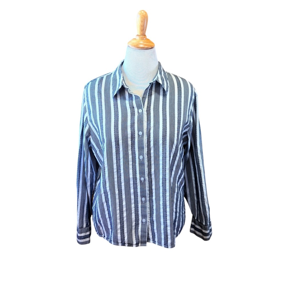 Chicos Black White Striped Long Sleeve Button Down Shirt Blouse Size 16